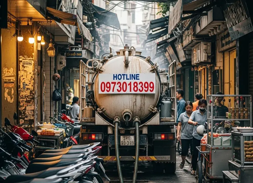 Xe bồn h&uacute;t hầm cầu hoạt động tại hẻm nhỏ Quận 1