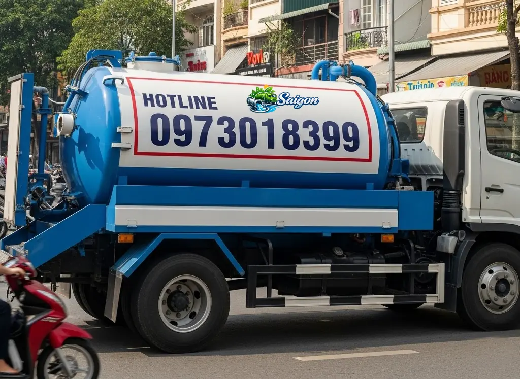 Xe h&uacute;t hầm cầu mini đi v&agrave;o hẻm nhỏ Đo&agrave;n Văn Bo Quận 4