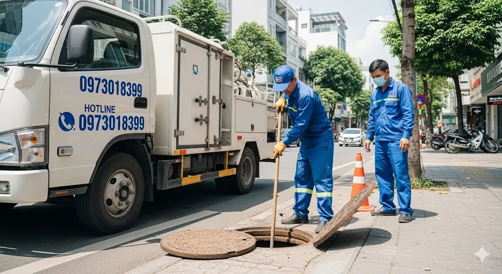 Nh&acirc;n vi&ecirc;n thi c&ocirc;ng h&uacute;t hầm cầu chuy&ecirc;n nghiệp